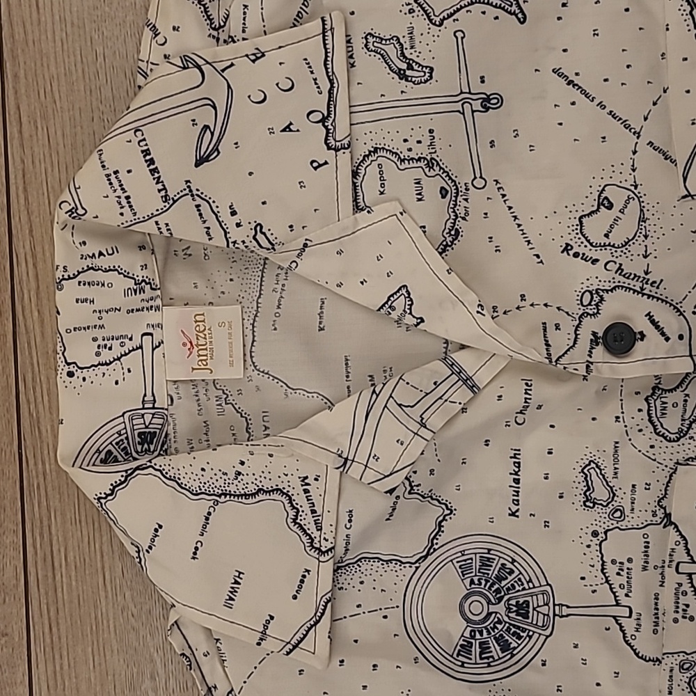JANTZEN White Hawaiian Islands Nautical Map USA Sz S Button Up Shirt VTG 60s NEW